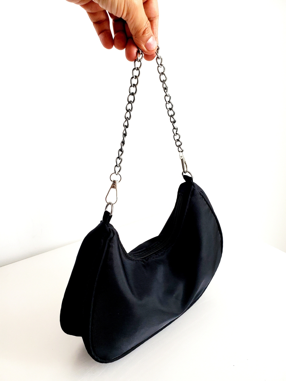 Sleek Black Mini Shoulder Bag with Silver Chain Strap